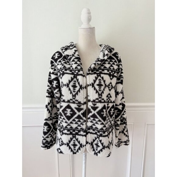 Eye Candy M Cream Black Aztec Print Sherpa Fleece Open Hooded Cardigan EUC - Picture 2 of 5